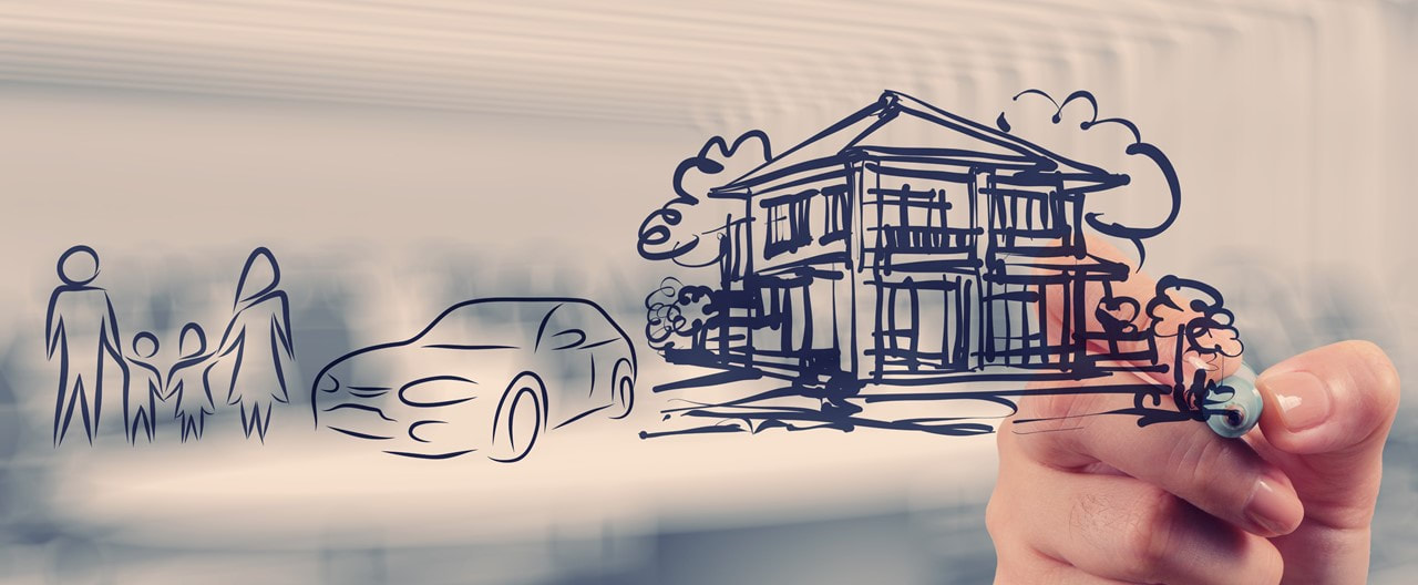 sketch of a family and car outside of their home - Kelly Lee Insurance - Insurance Louisiana